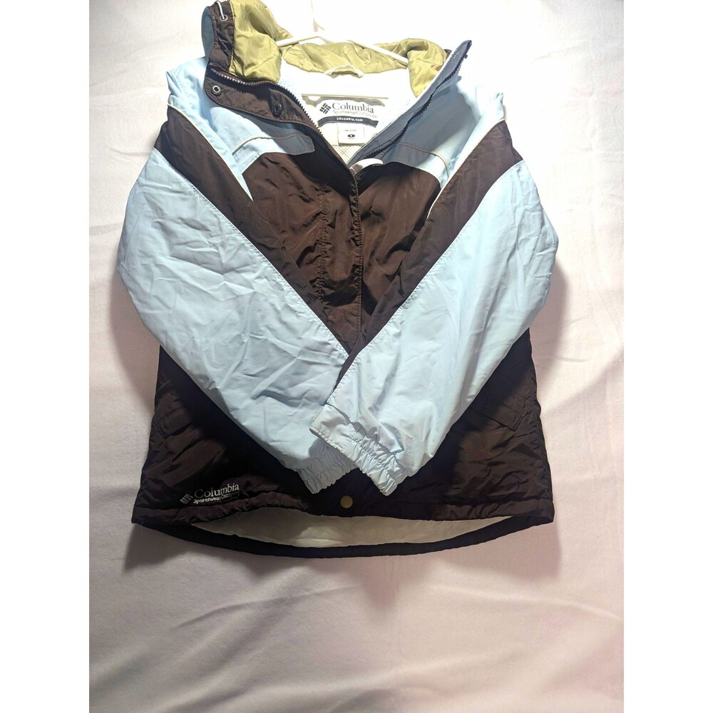 Columbia Women's Colorblock Fleece Hooded Full Zip Jacket Pockets S Brown/Blue